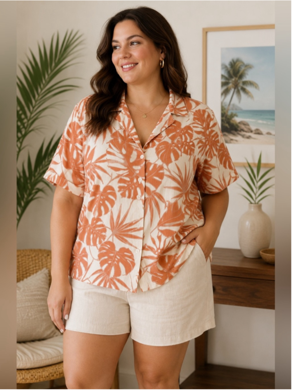 Far West Tropical Button-Down Shirt in Rust and Cream Size XXL Coastal Beach